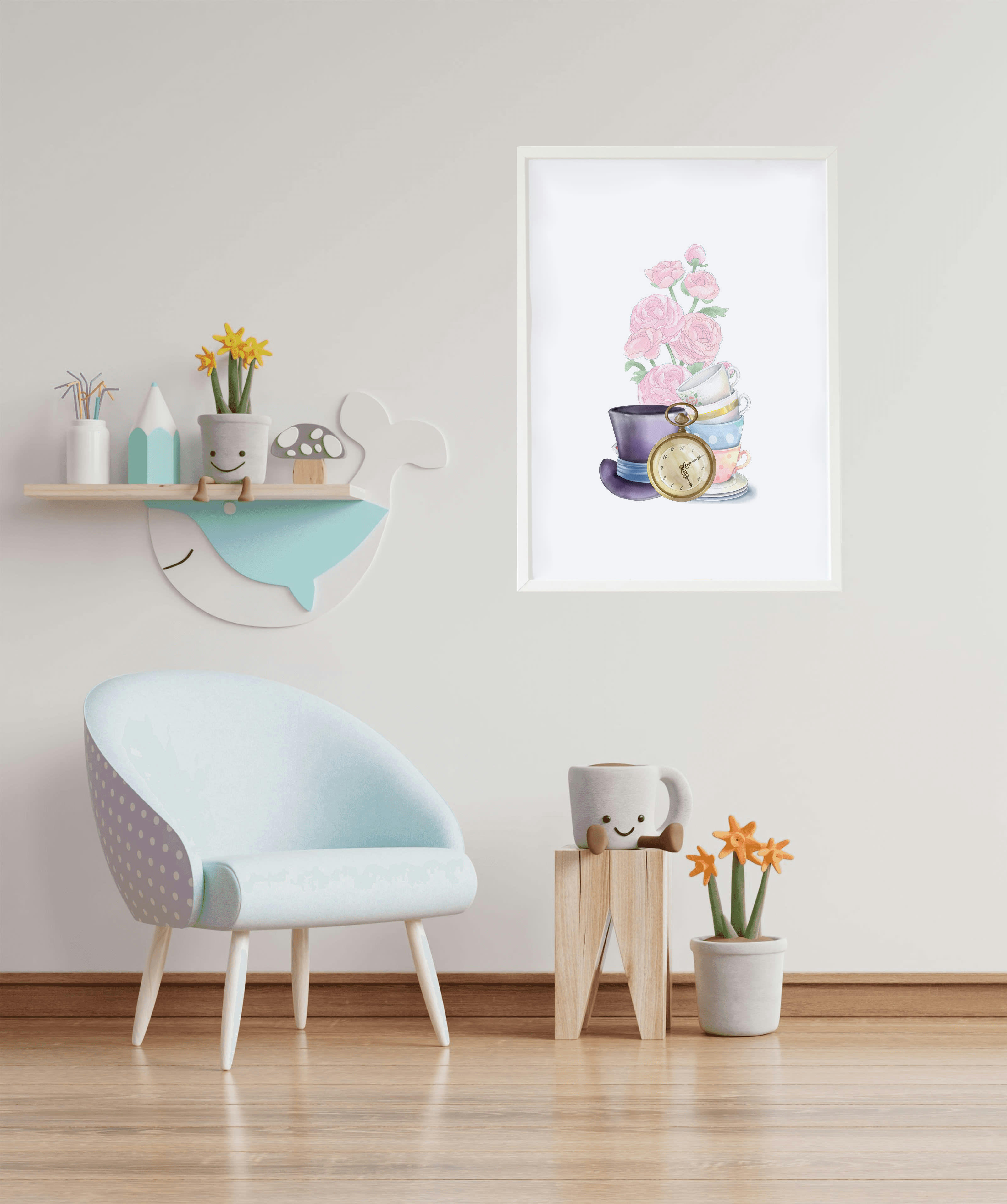 DECOWALL - Impression fleurs et objets Alice encadrée en bois blanc 43X33 cm