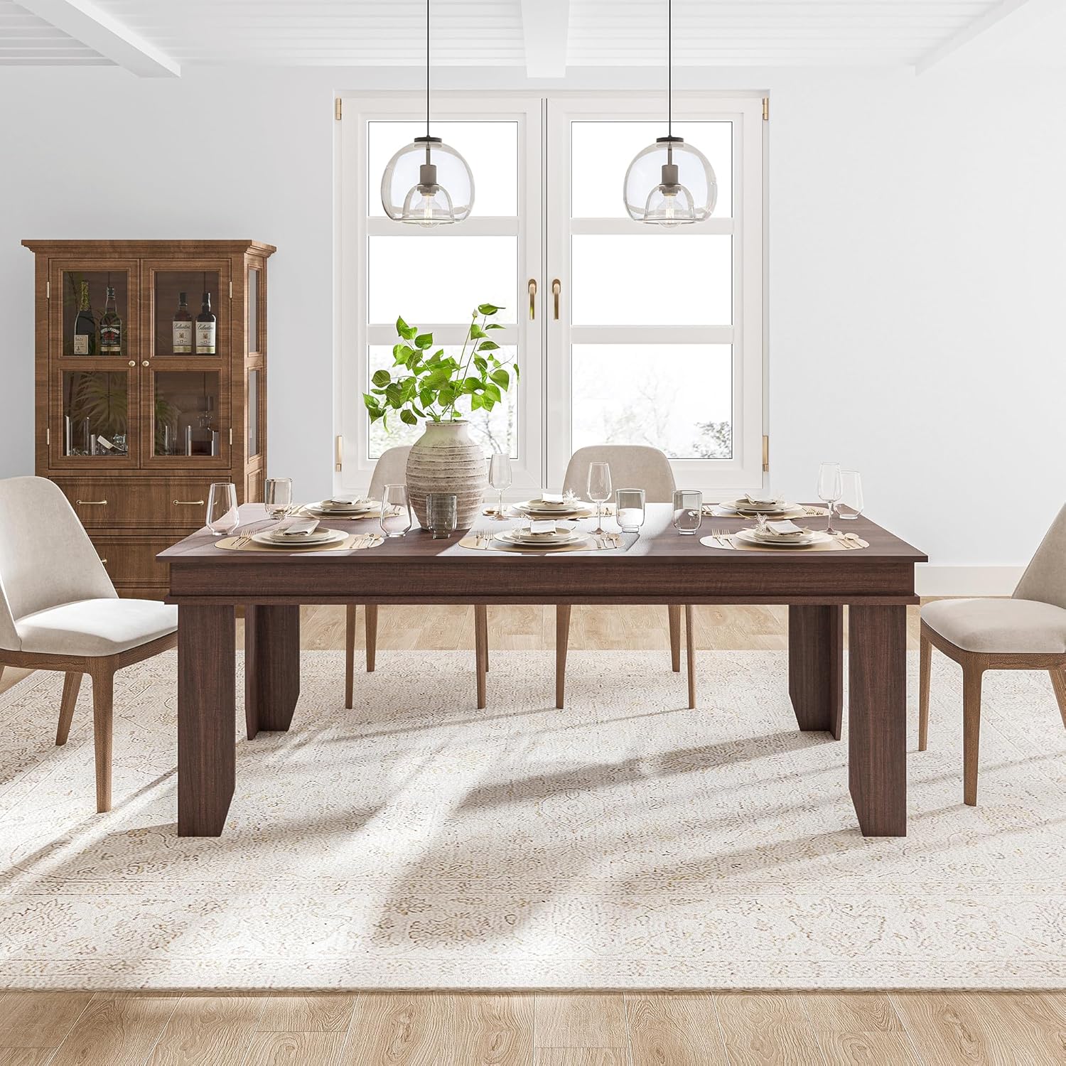 GarveeHome Farmhouse Dining Table for 6-8 People, 71 in Long Kitchen Tables with Wooden Sturdy Frame, 6 ft Large Rectangular Dinner Table for Dining Room, Kitchen (Brown, 71 Non-extendable)