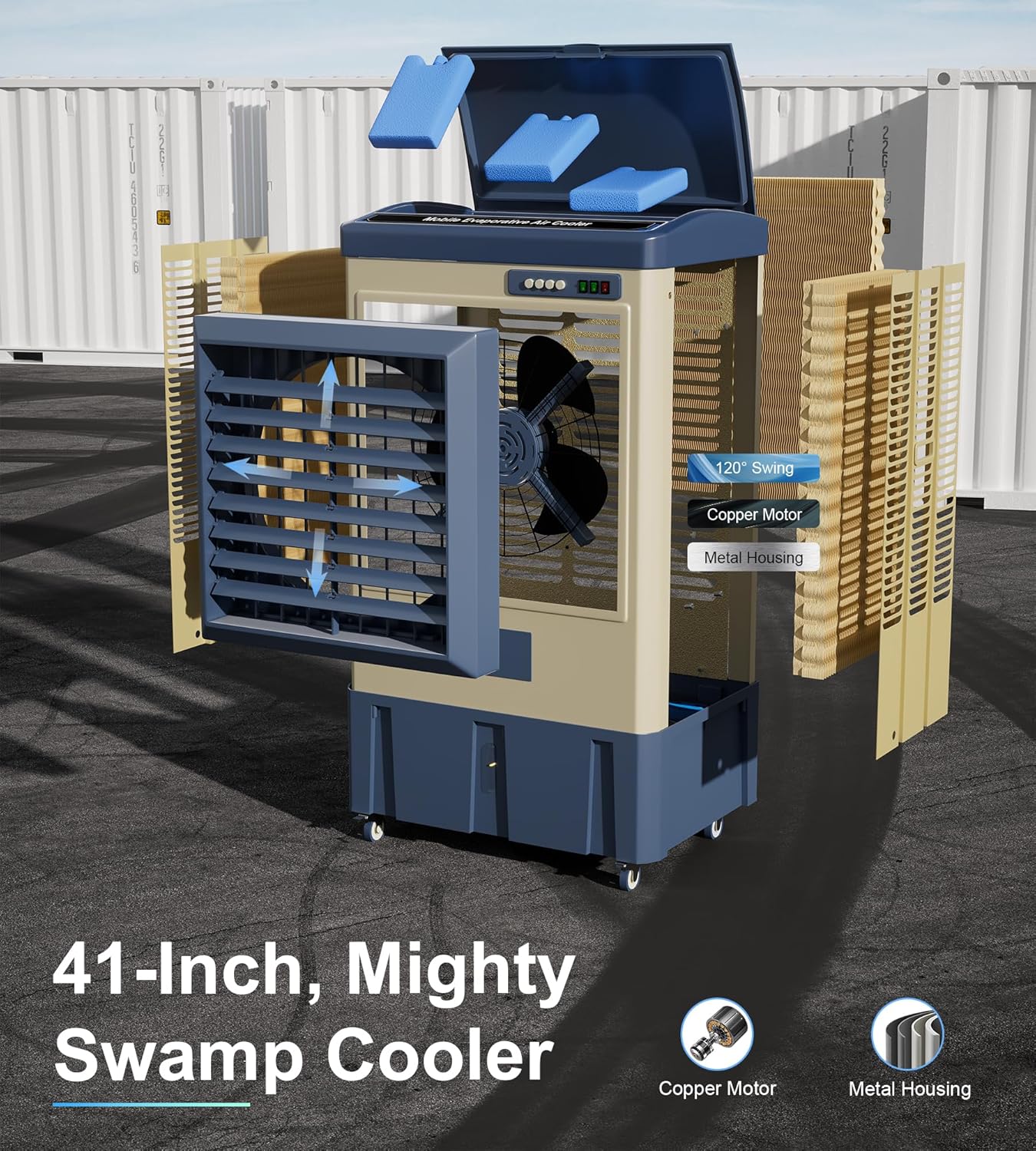 4800 CFM Swamp Cooler,41 Evaporative Air Cooler with 10.6 Gal Water Tank,3 Ice Packs,120° Swing,3 Speeds,Swamp Cooler Air Conditioner for Commercial,Outdoor,Garage,Patio,Porch,Factory