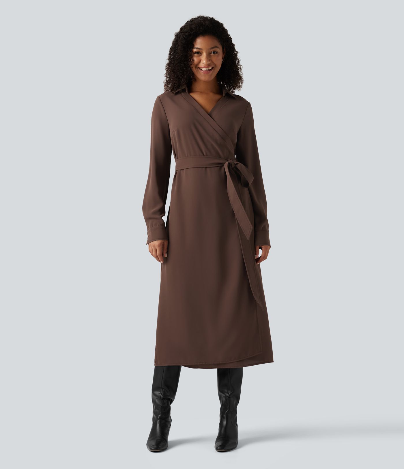 Robe chemise de bureau midi portefeuille à col V, manches longues et ceinture