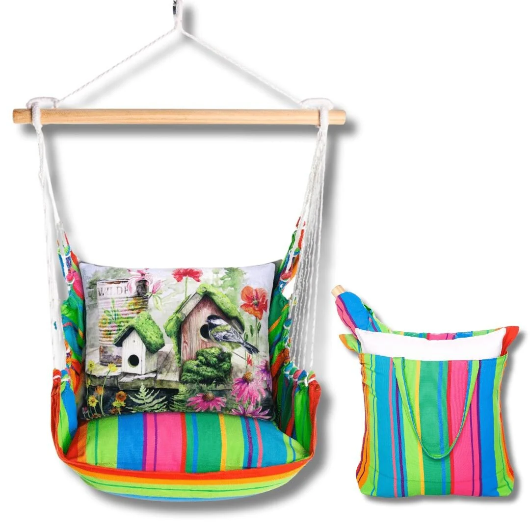 Magnolia Casual Swing Set 4 piece - Le Jardin Nouveau w/ Garden Birdhouses