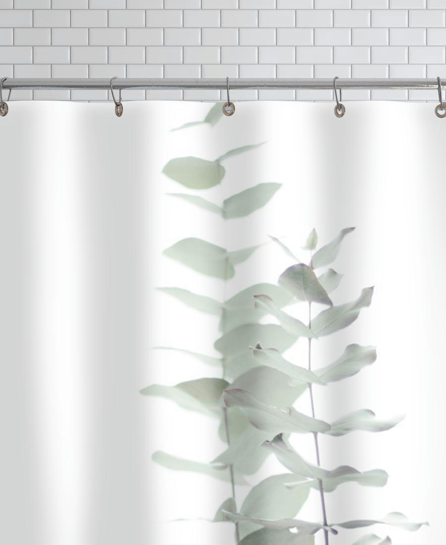 EUCALYPTUS WHITE 2 - Rideau de douche en polyester en blanc & vert 150x200