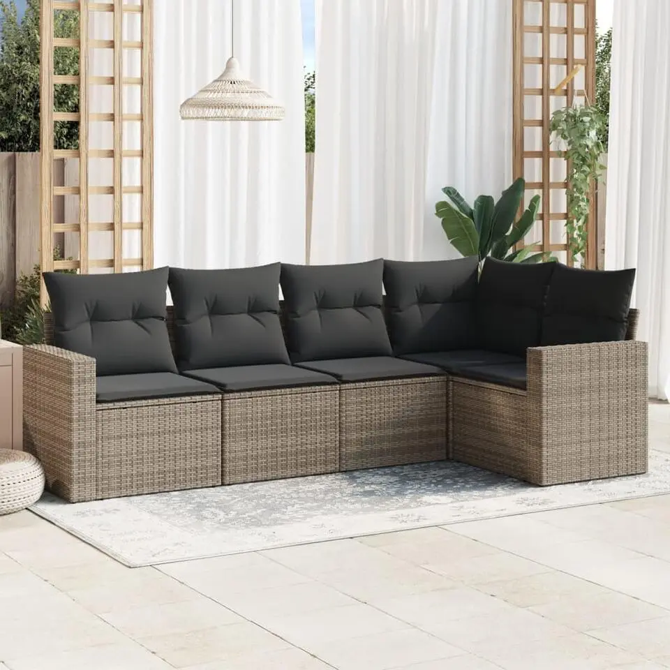vidaXL Loungeset met kussens voor 5 personen - Grijs - Poly Rattan - 5 stuks