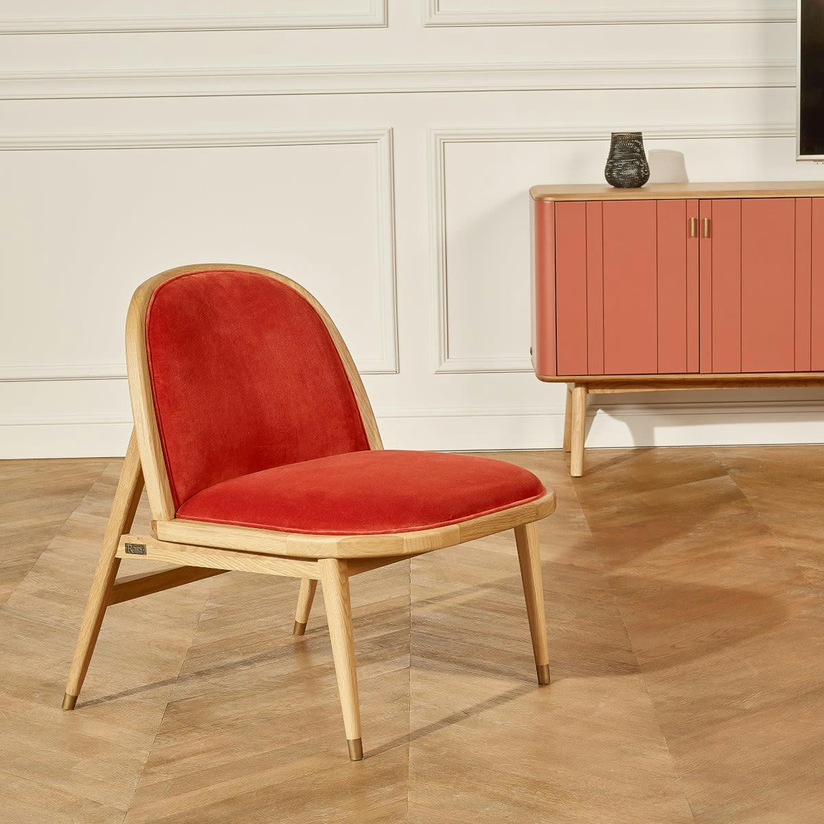 SUZETTE - Fauteuil chêne et velours brique