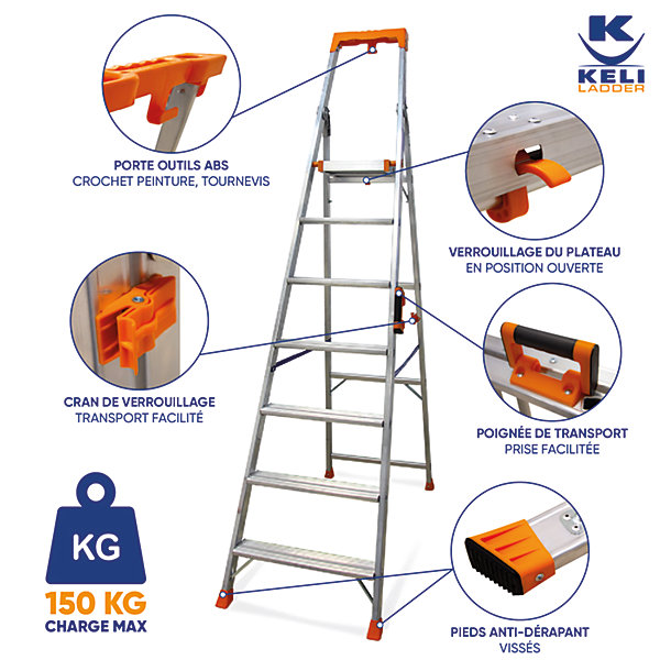 Escabeau Super Pro 7 Marches - Hauteur Travail 3,61M, Aluminium Anodisé, Marches Larges 10 cm, Poignée de Transport &Porte-Outils