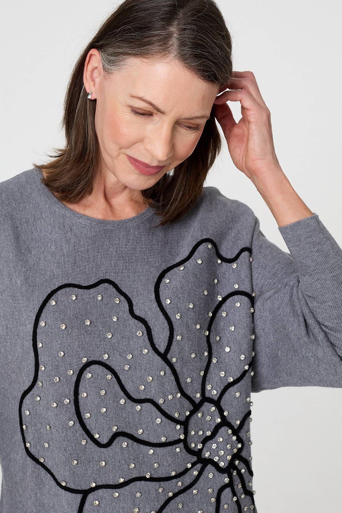 Izabel London Sparkle Floral Trim Batwing Sleeve Top
