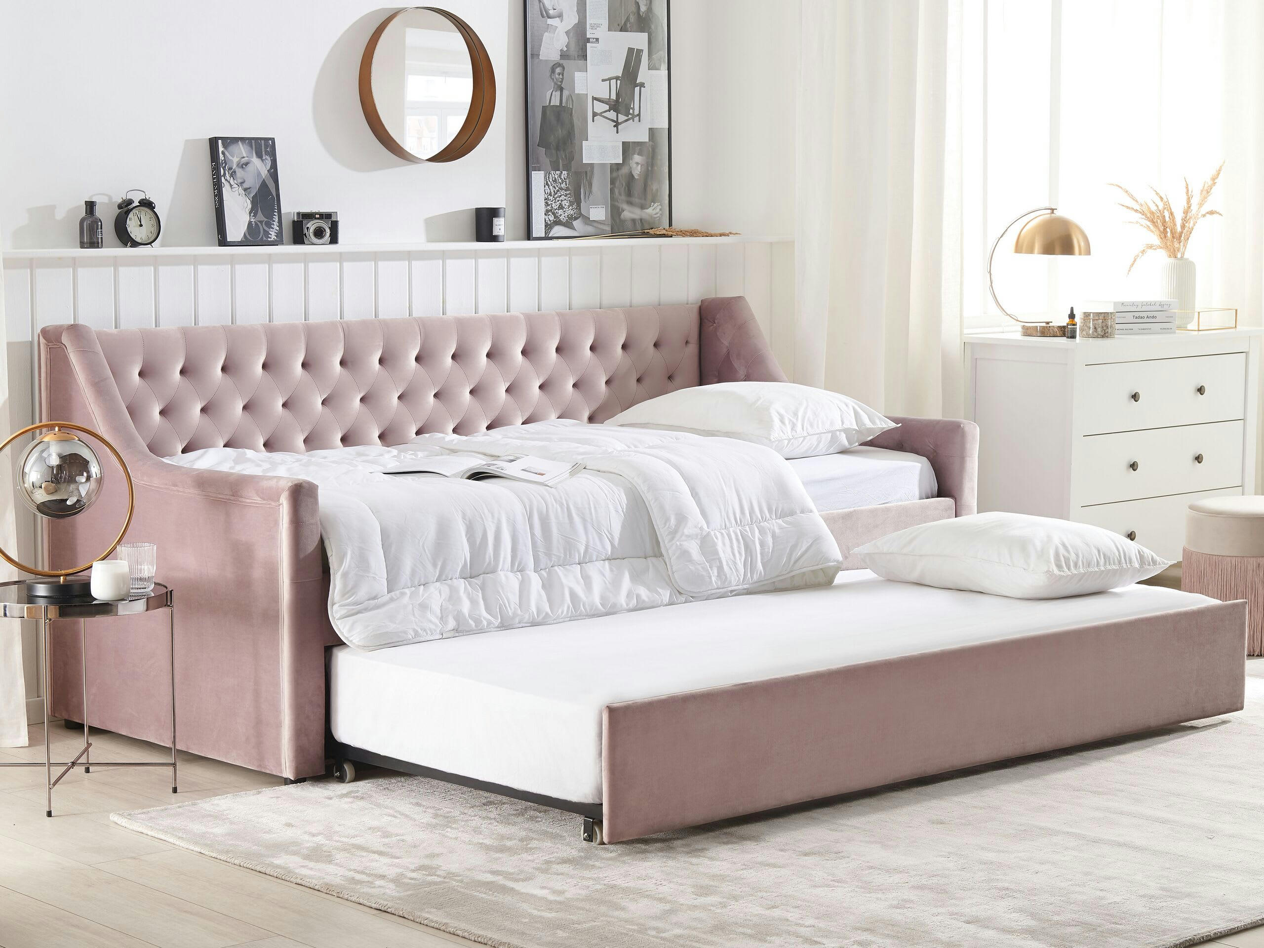 MONTARGIS - Lit gigogne en tissu rose 90x200