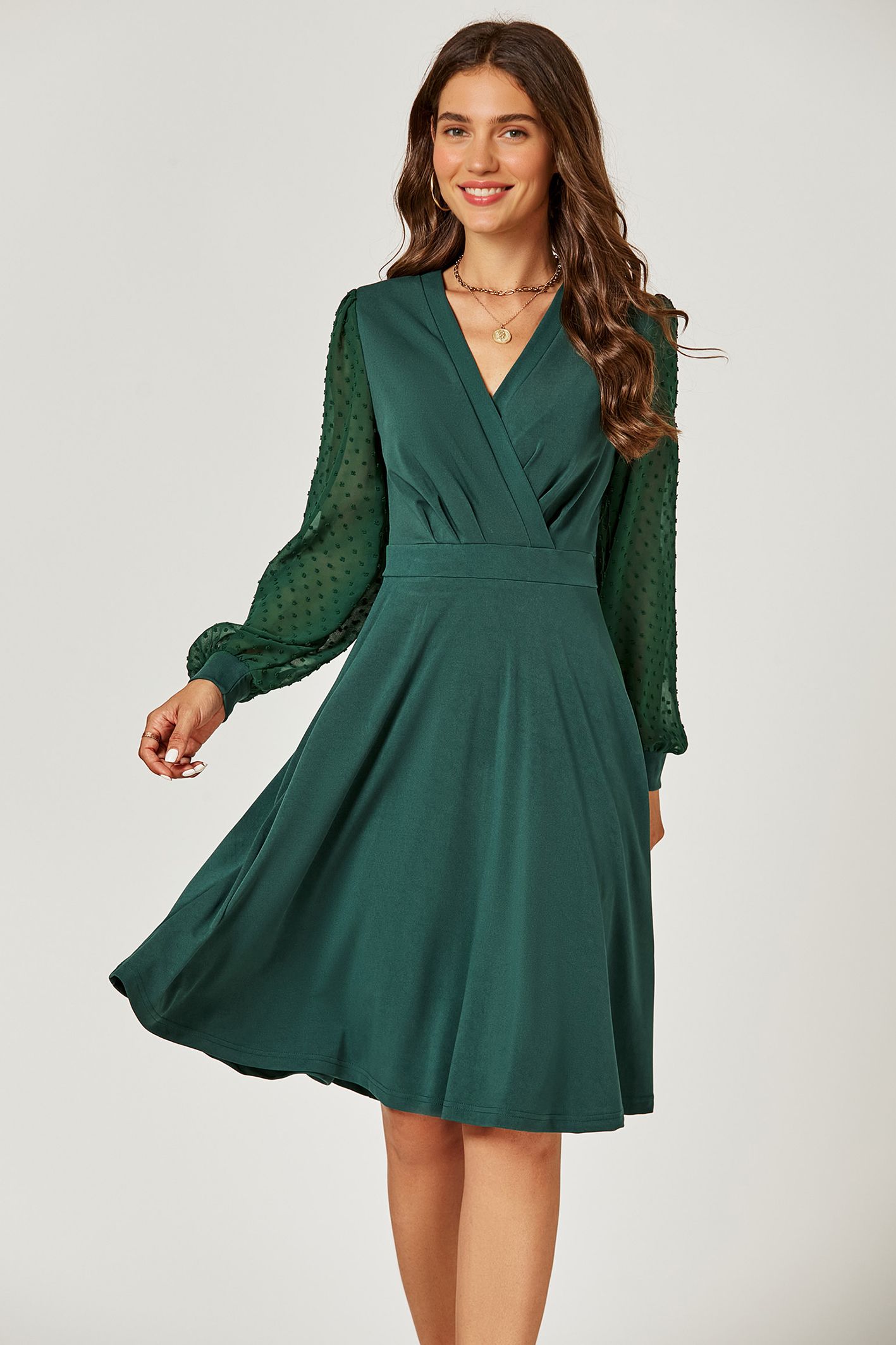 FS Collection Long Chiffon Sleeve Pleated Midi Dress In Dark Green