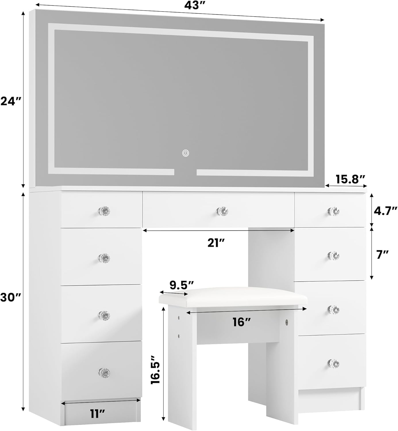SMOOL Vanity with Mirror and Lights - Vanity Desk with Power Outlet and 9 Drawers, 3 Color Lighting Modes, Adjustable Brightness, Makeup Vanity with Soft Cushioned Stool for Bedroom, White 43Inches