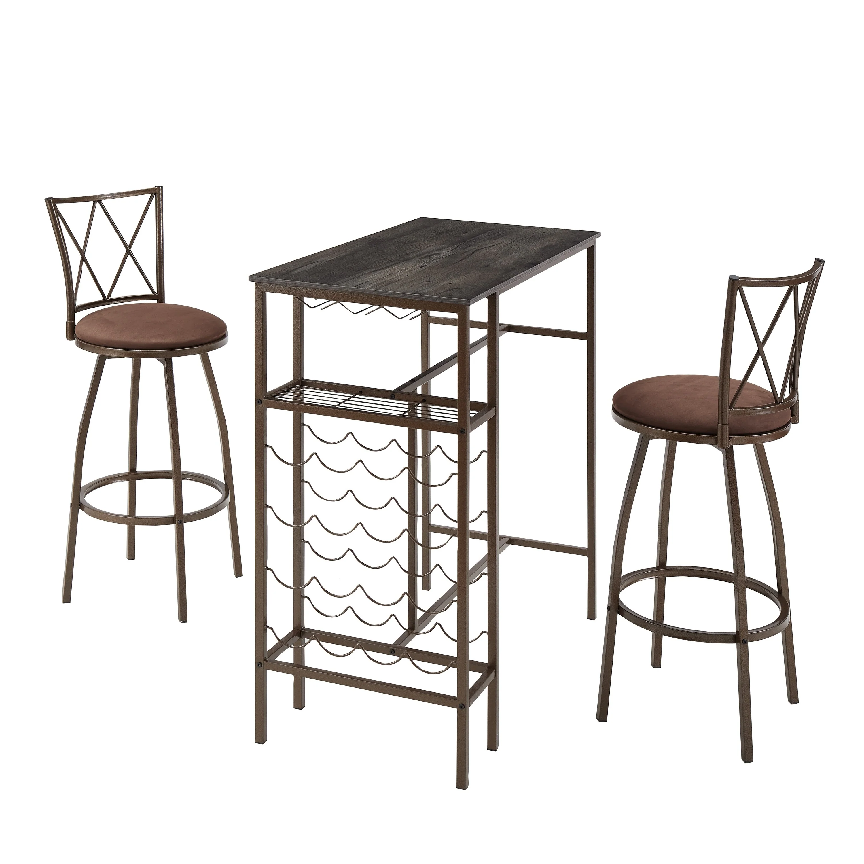 3-Piece Bar Table Set, Dining Room Table with Wine Rack, Cup Holder and 2 Bar Chairs, Vintage Brown