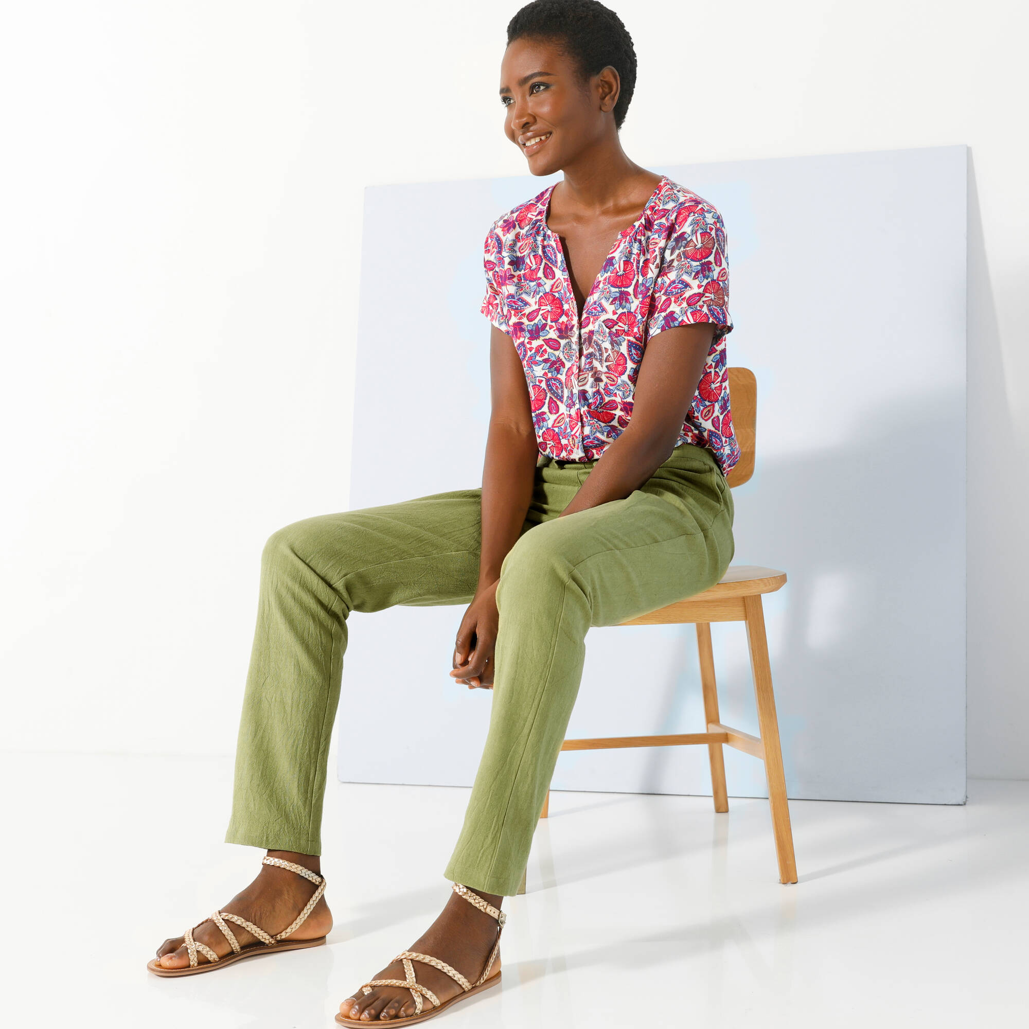 Pantalon fuselé fluide, lin-coton