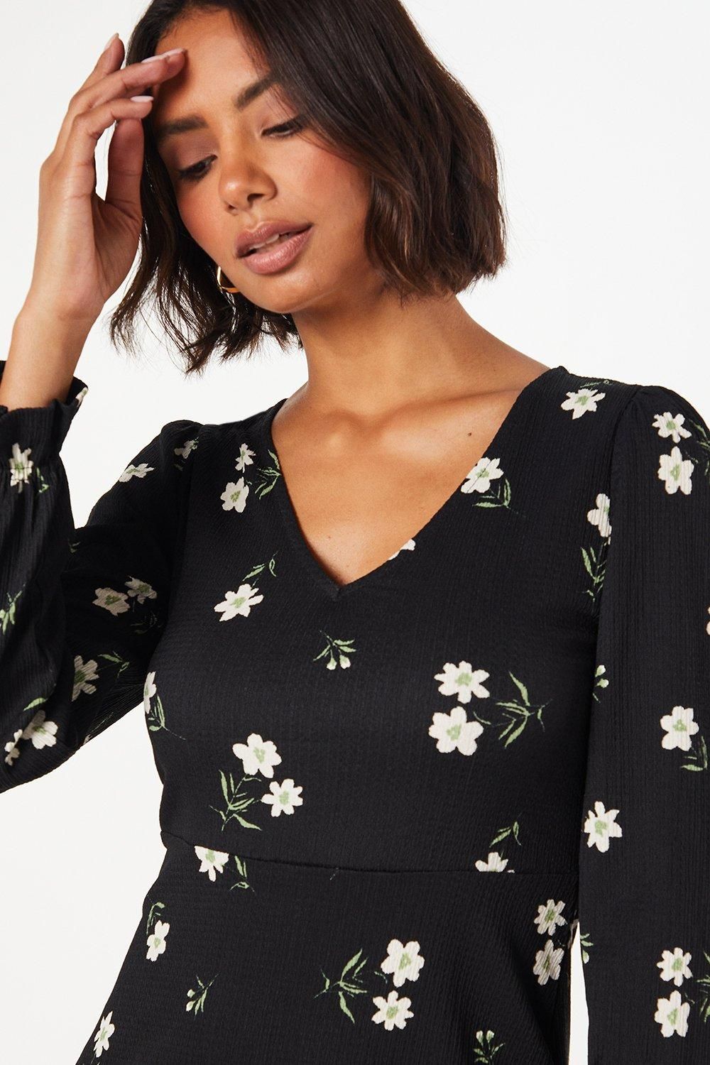 Dorothy Perkins Floral Long Sleeve V Neck Mini Dress
