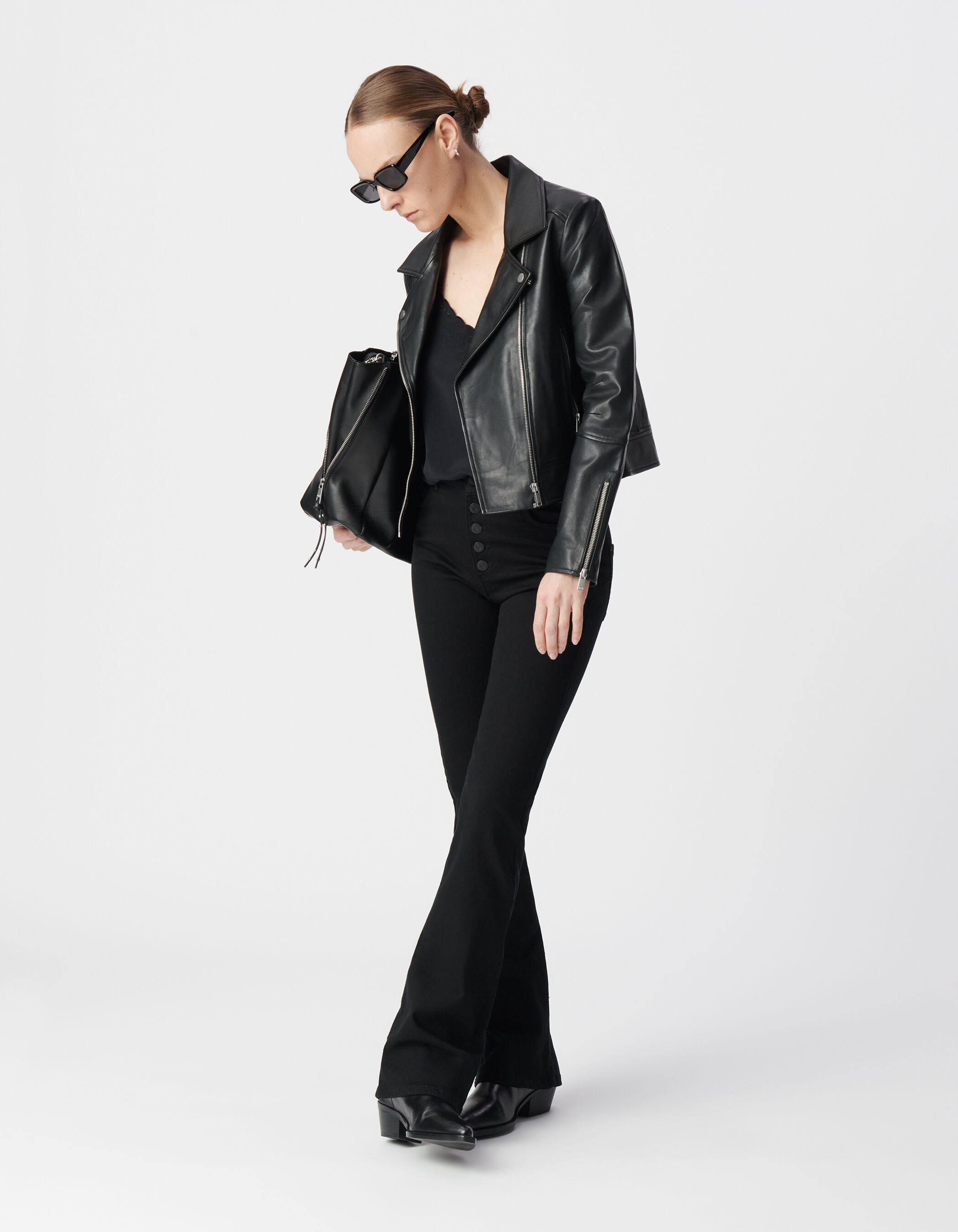 Blouson noir cuir esprit motard Femme