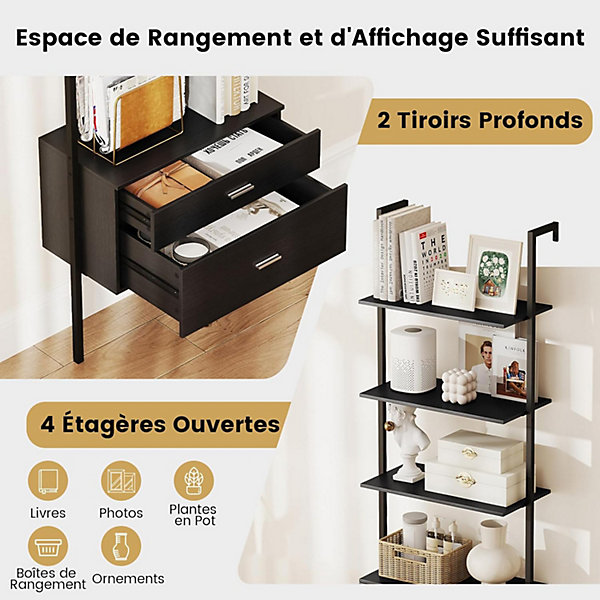 Bibliotheque avec 4 Niveaux d'étagères Ouvertes en Bois, avec Cadre Métallique et 2 Tiroirs, Style Industrielle (Noir)
