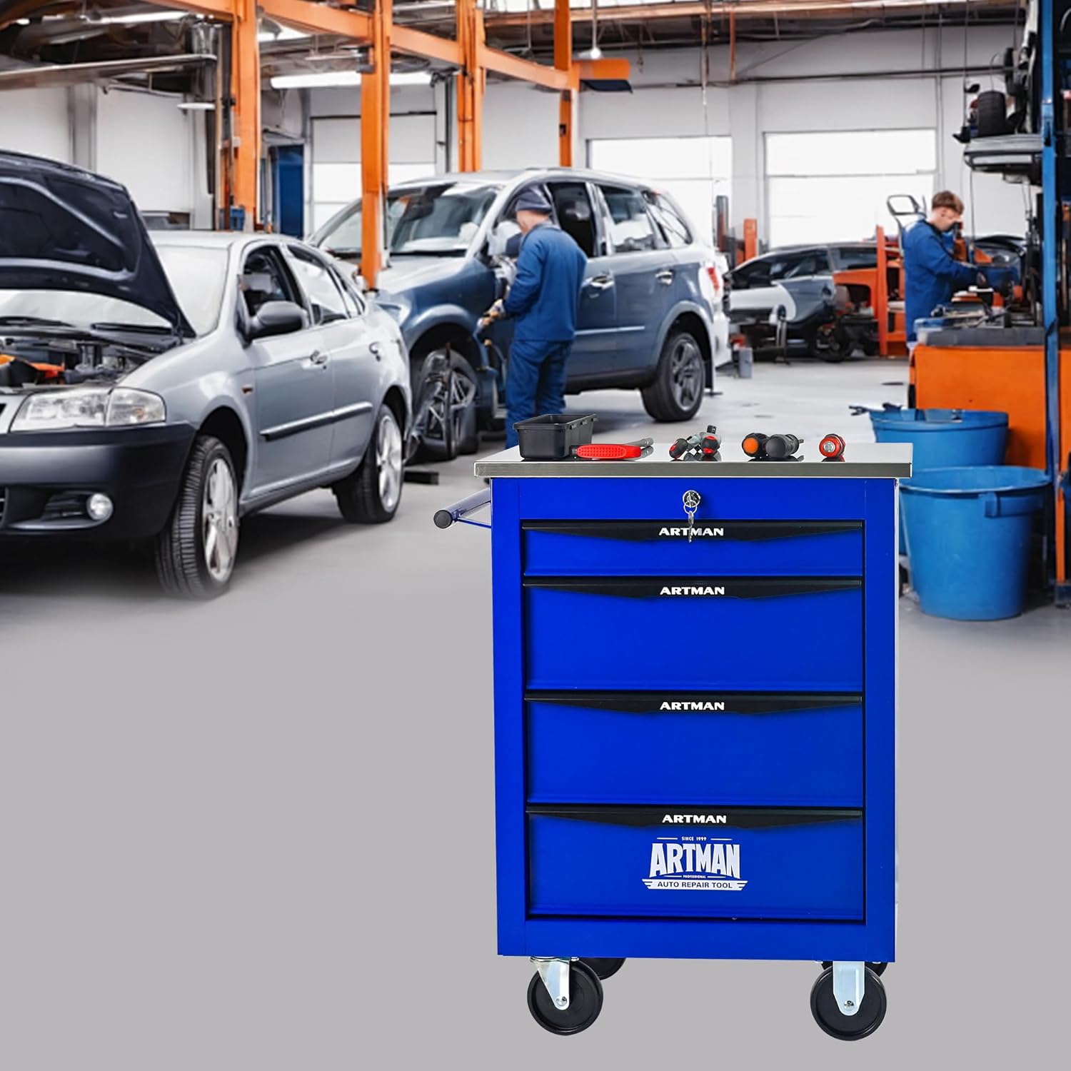 4-Drawer Rolling ToolChest, Blue & BlackModular Tool Box withWheels, Heavy-DutyRolling Tool Cabinet forGarage & WorkshopStorage