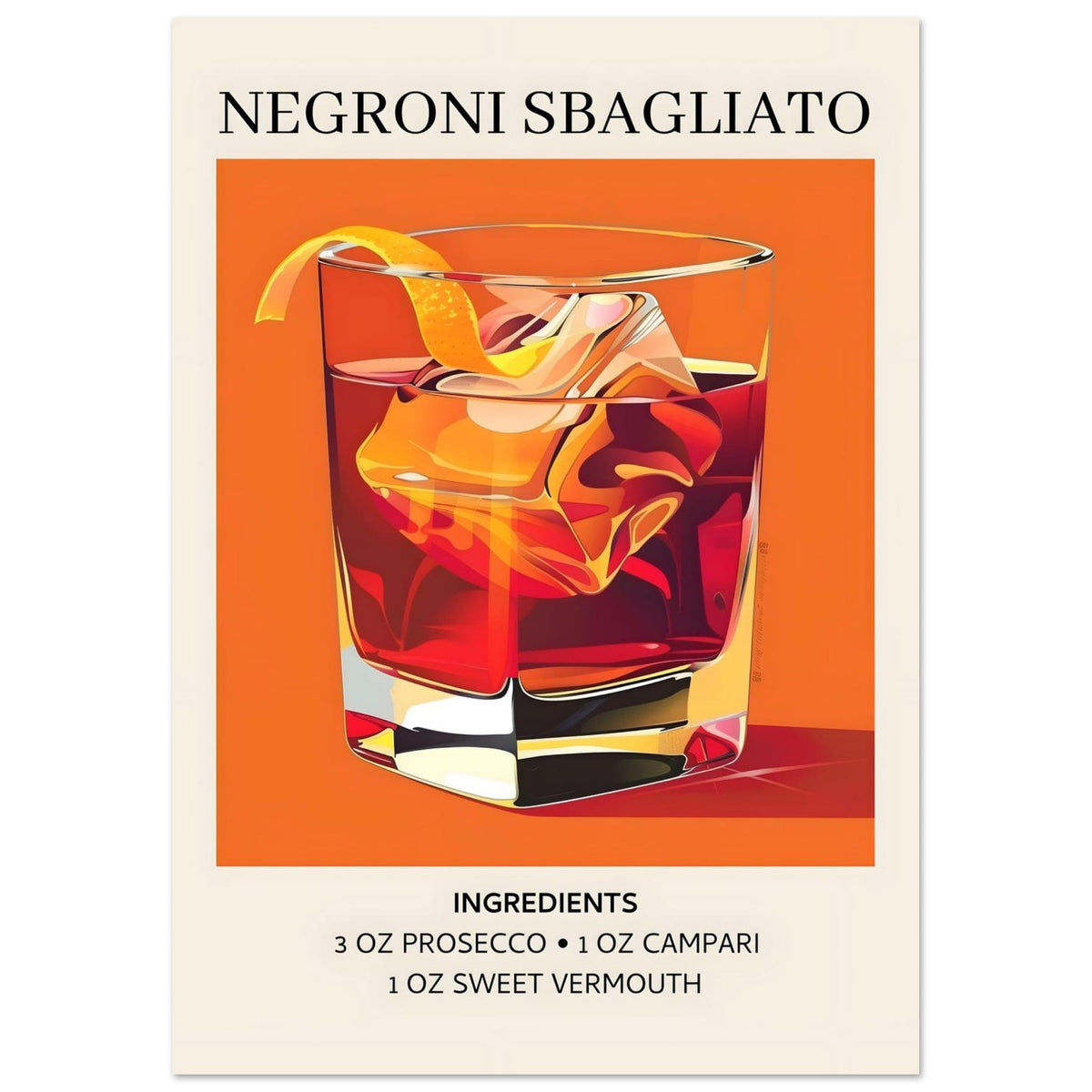 Artfulprints Poster Negroni Sbagliato cocktail - Ingrediënten  - A4 21x29.7 cm - Oranje