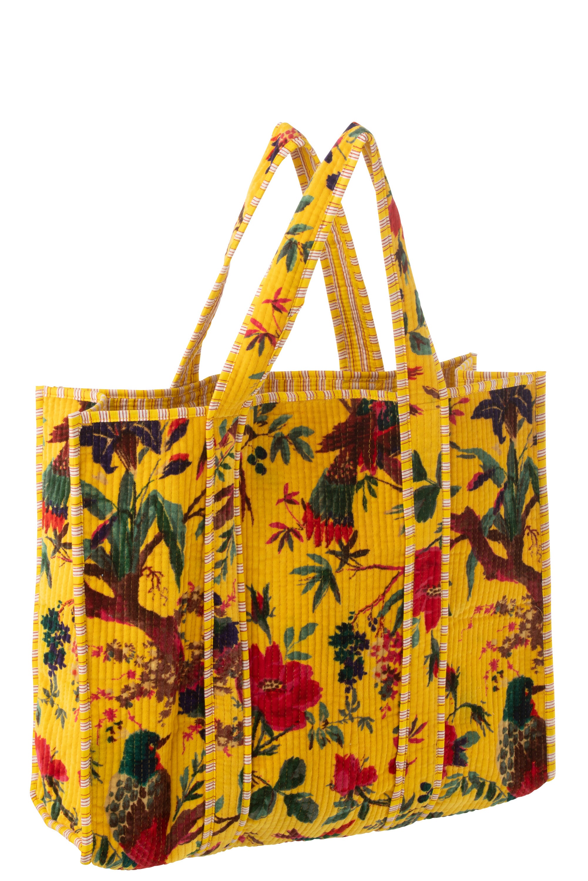 J-Line tas Vogels/Bloemen - katoen/fluweel - geel