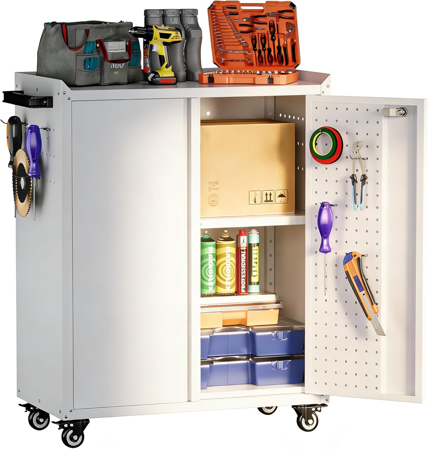 Aobabo Metal Garage Storage Cabinet on Wheels,2 Doors Storage Cabinet with Wheels for Garage,Assembly Required,White