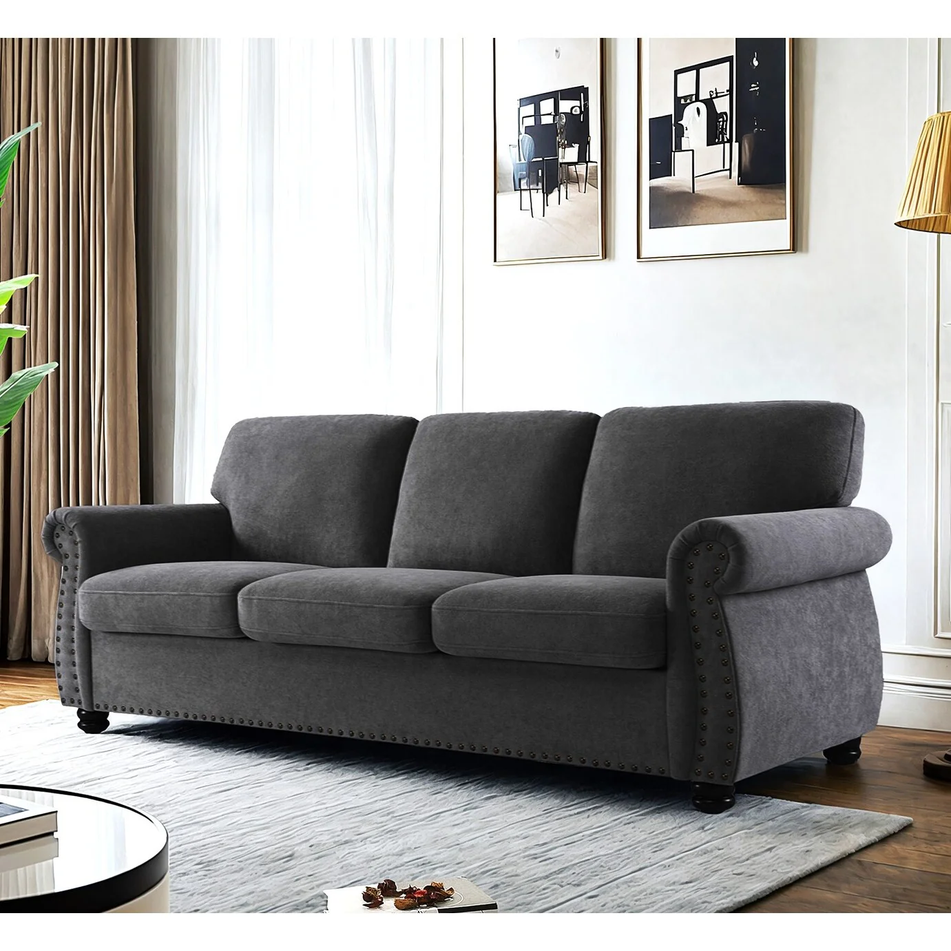 Soft Velvet Sofa, Upholstered 3 Seater Couch With High-Density Foam, Loose Back Cushions And Solid Wood Turned Legs
