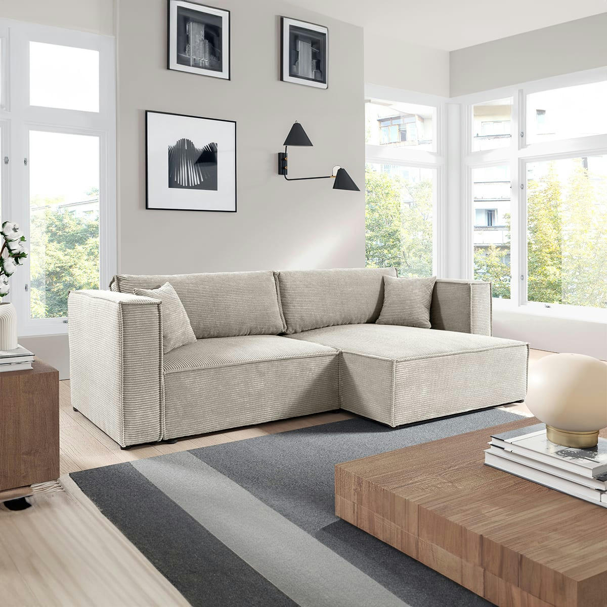 - Canapé d'angle réversible convertible 3 places velours côtelé blanc