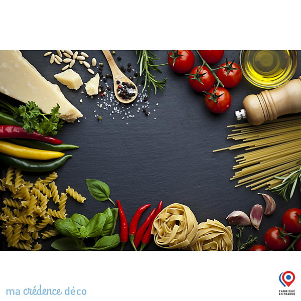 Crédence cuisine fond de hotte Aliments sur ardoise - Verre trempé - L 90 cm x H 70 cm - MaCrédenceDéco