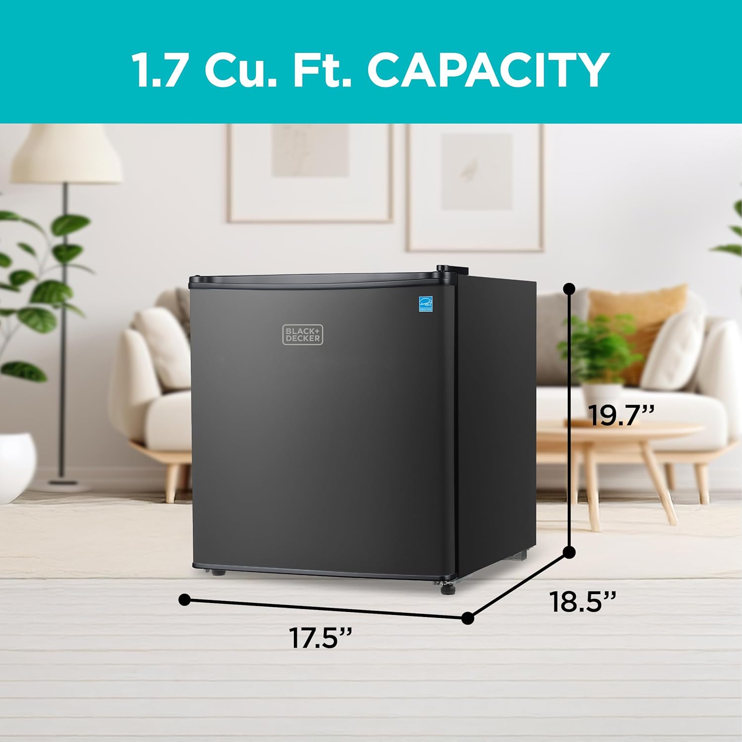 BLACK+DECKER 1.7 Cu. Ft. Compact Refrigerator, ENERGY STAR Certified, Single Door Mini Fridge with Chiller Compartment, Personal Fridge for Home or Dorm Room, R600a Refrigerant, BCRK17B, Black