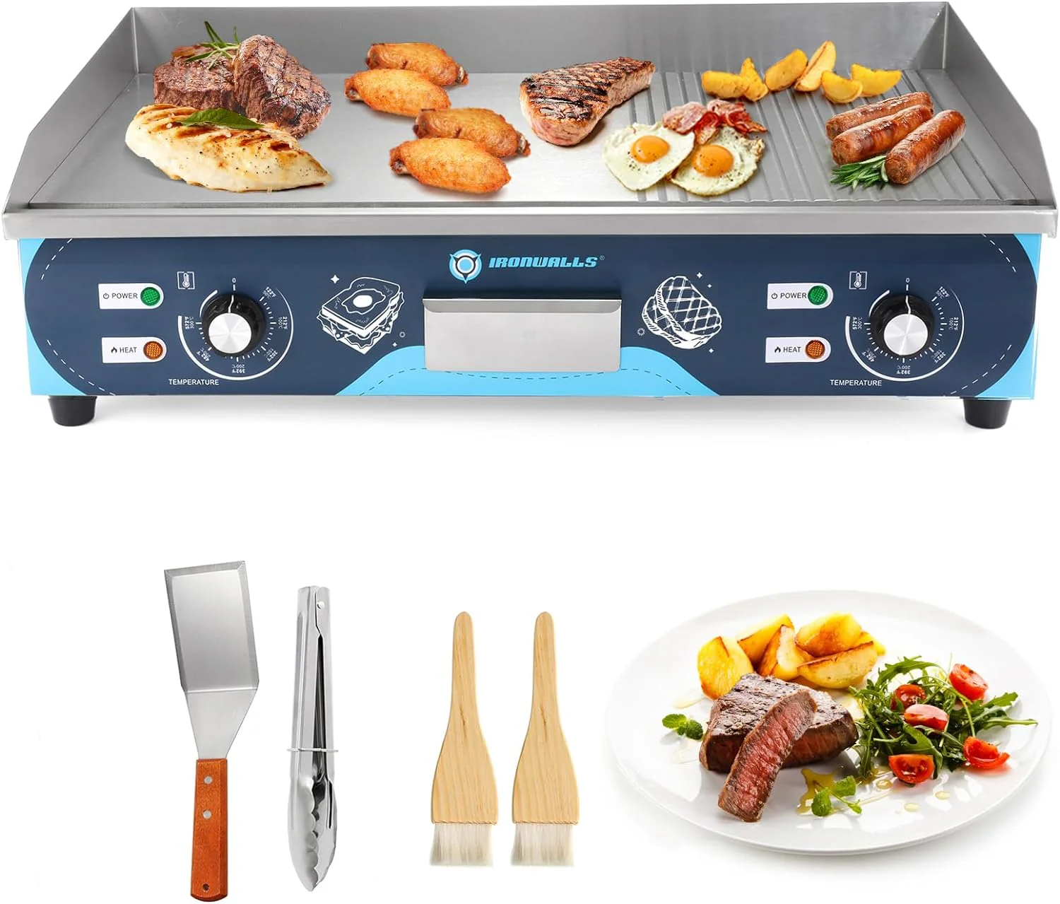 Commercial Griddle Electric 29, 4400W Electric Countertop Griddle Flat Top Grill, Nonstick Stainless Steel Teppanyaki Grill with Dual Temperature Control for Restaurant (Without Plug)(29 Inch/Blue Panel)