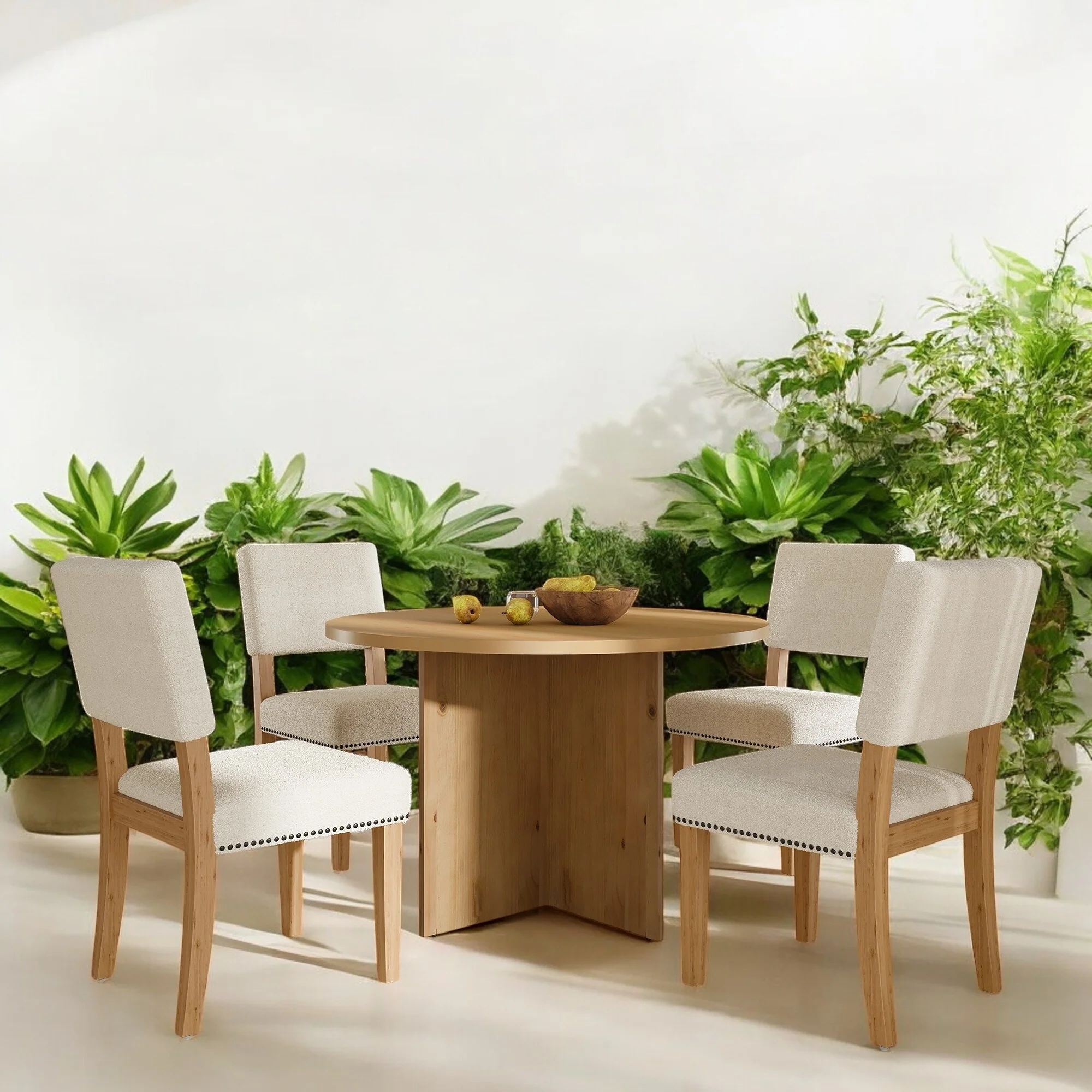 Modern 5-Piece Round Pedestal Dining Table Set with 4 Upholstered Chairs, Solid Wood Kitchen Set for Small Spaces & Apartments