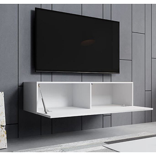 Meuble TV suspendu contemporain - Blanc brillant - 1 porte, 2 compartiments - L120 x P30 x H40 cm