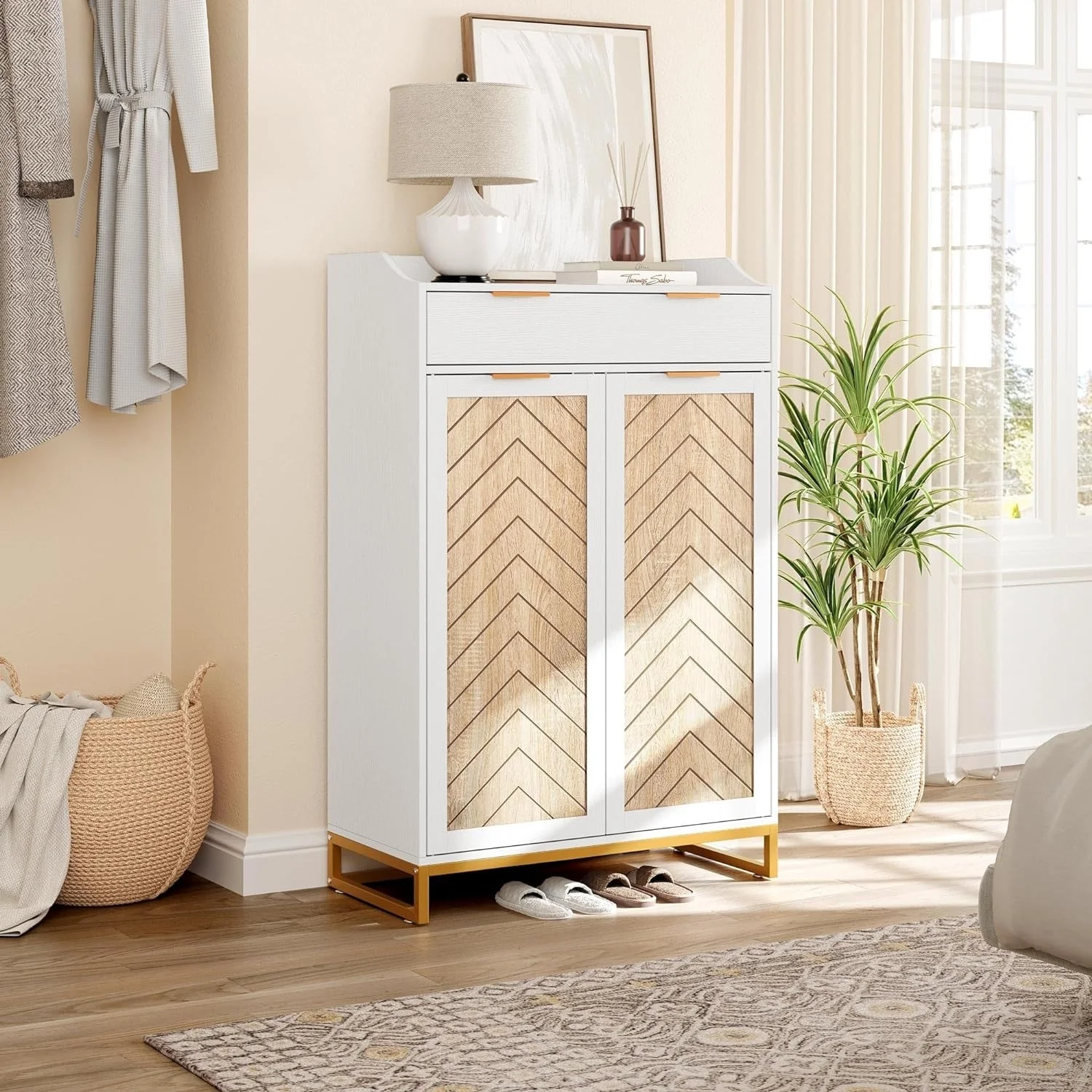 Moasis 20 Pair Shoe Storage Cabinet with Drawer and Doors for Entryway Hallway