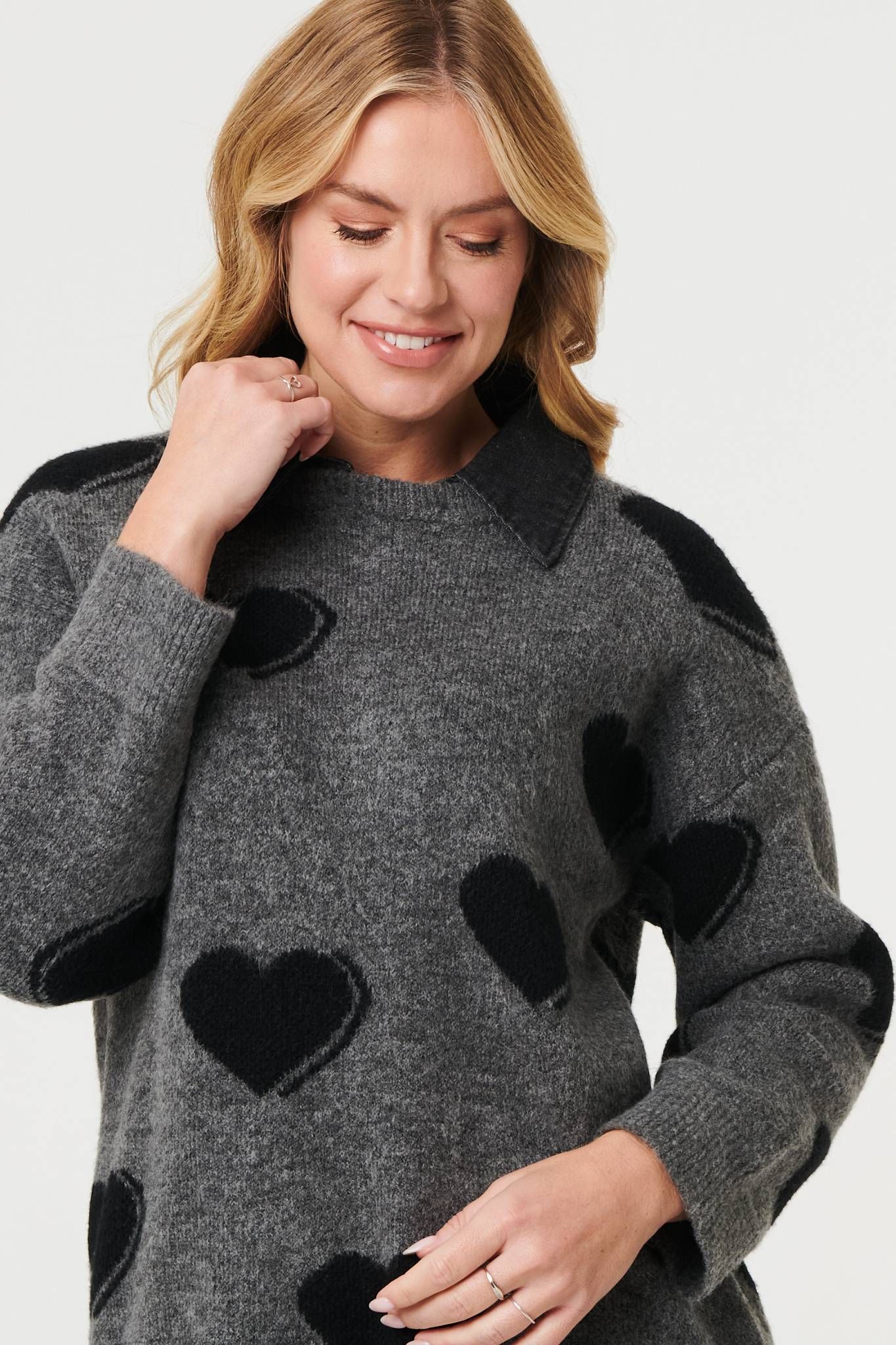 Izabel London Heart Print Denim Trim Collar Jumper