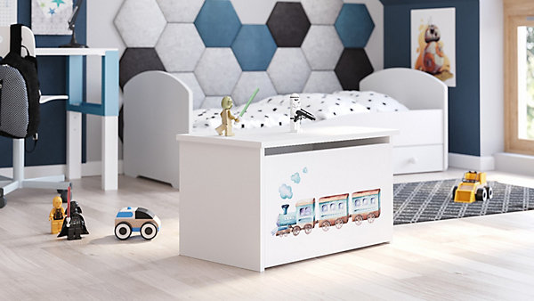 Coffre à jouets Daria blanc imprimé Train pour la chambre d'enfant