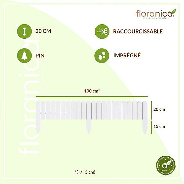 Floranica Bordure de Jardin en bois 20 x 100 cm Blanc Bordurette de Pelouse Bordure de Gazon avec piquets Bordure de parterre
