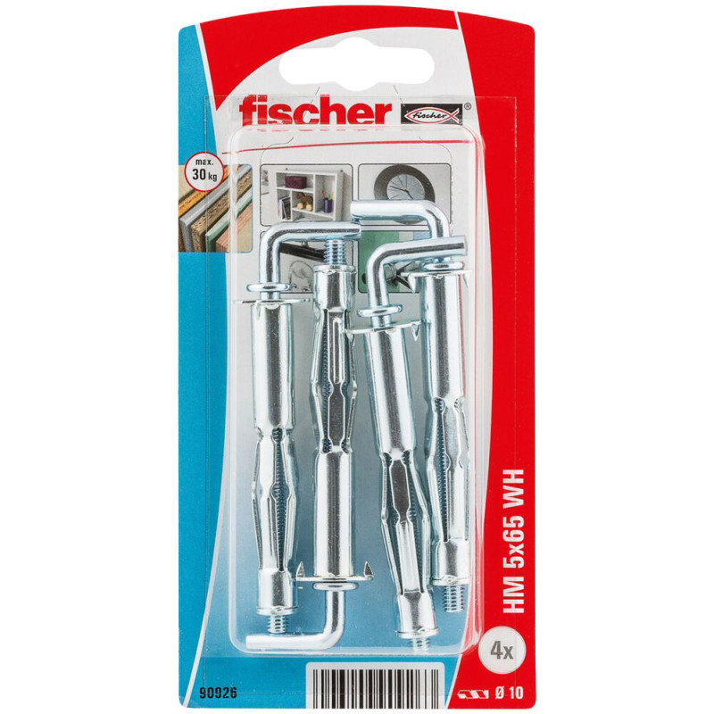 Cheville métallique HM 5 pour corps creux avec crochet droit Ø 10 x 65 mm 4 pièces