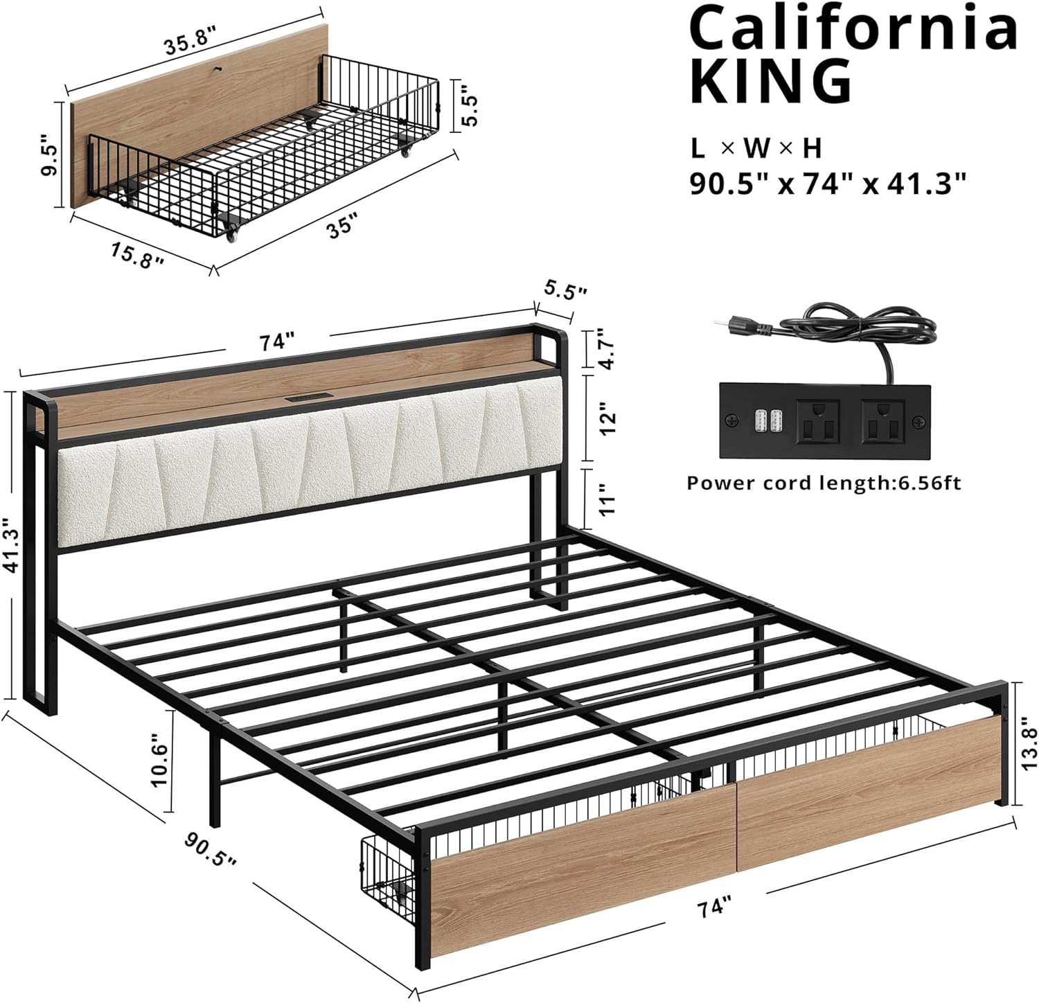 LIKIMIO California King Size Bed Frame, Storage Headboard with Charging Station, Platform Bed with Drawers, No Box Spring Needed, Easy Assembly, Wood and Cream