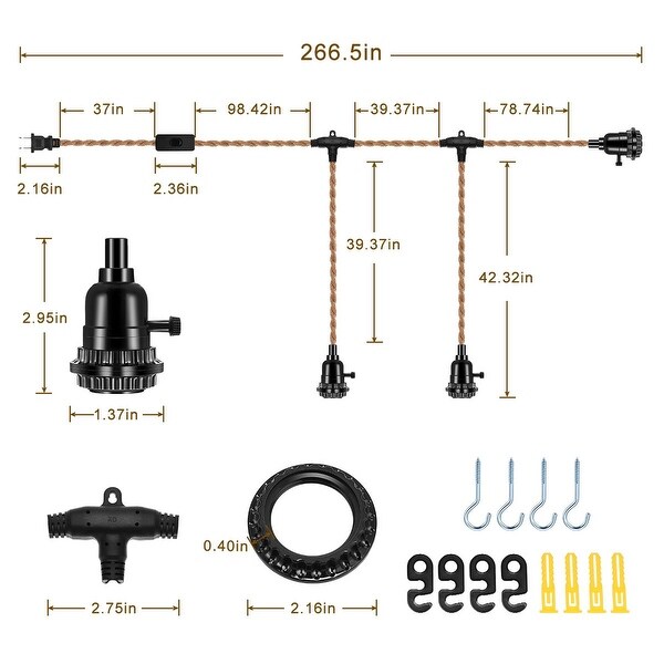 YANSUN 3-Light Vintage Edison Plug-In Farmhouse Mini Pendant Light Black Socket with Hemp Rope Cord - 266.5 in.