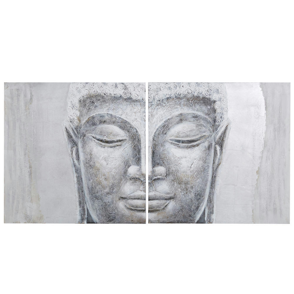 BOUDHA - Toile diptyque peinte argentée 97x194