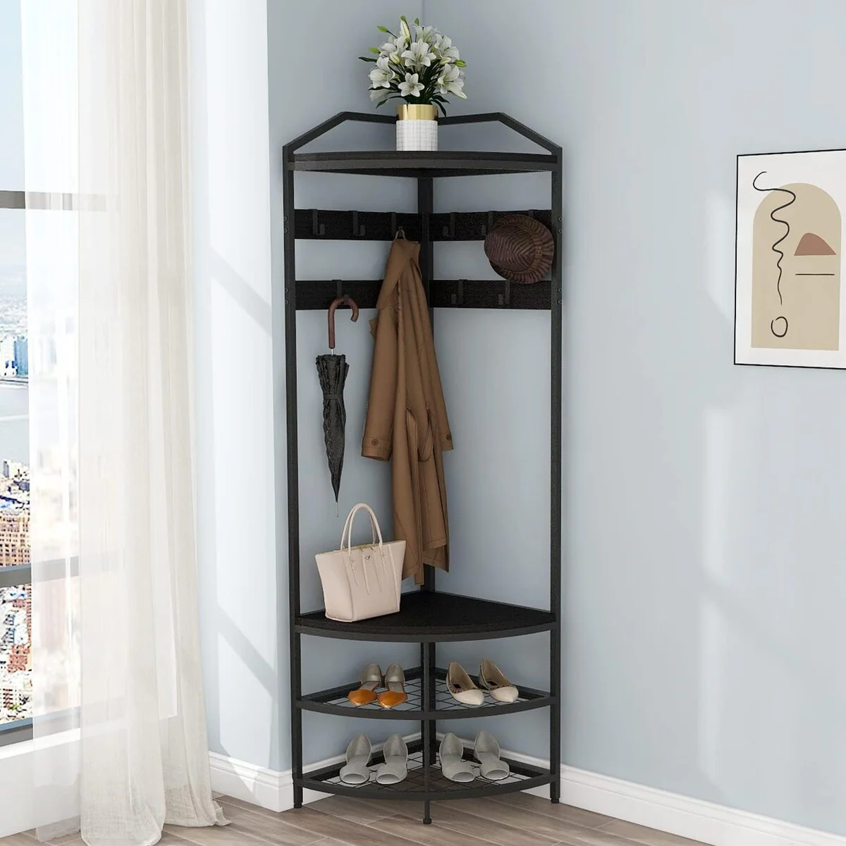 Corner Hall Tree with Shoe Bench Entryway Coat Rack with 10 Metal Movable Hooks Freestanding Clothes Rack Shoes Shelf Organizer