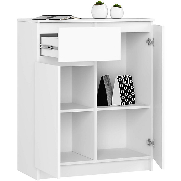 Commode AKORD K80 Blanche 80 cm 2 portes 1 tiroir façade Blanche 4 étagères 80x40x99 cm