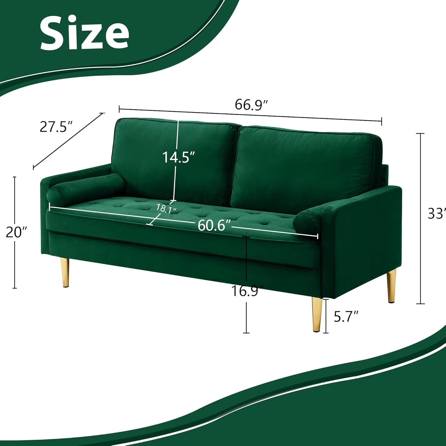 67 Modern Velvet Loveseat Sofa Couch, Mid-Century Tufted Upholstered Small Love Seat Couch with 2 Pillows & 4 Golden Legs, 2-Seats Couches for Compact Space, Living Room, Apartment (Emerald)