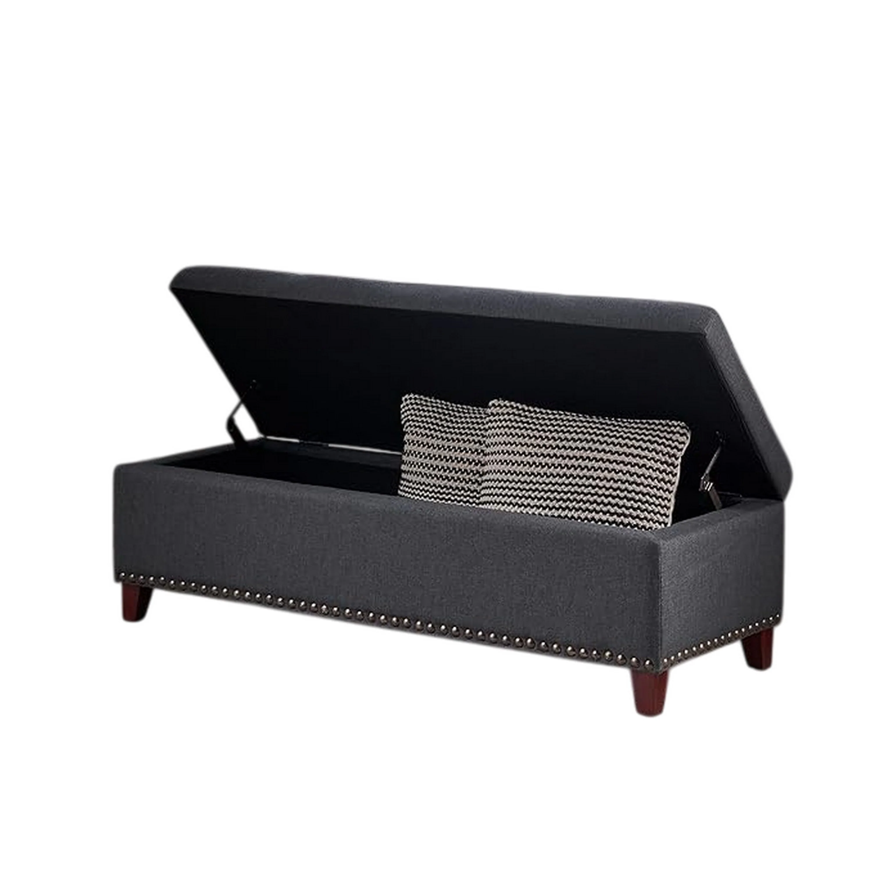 Nancy Storage Ottoman Bench, 51 Inch Dark Gray Fabric, Brass Nailhead Trim