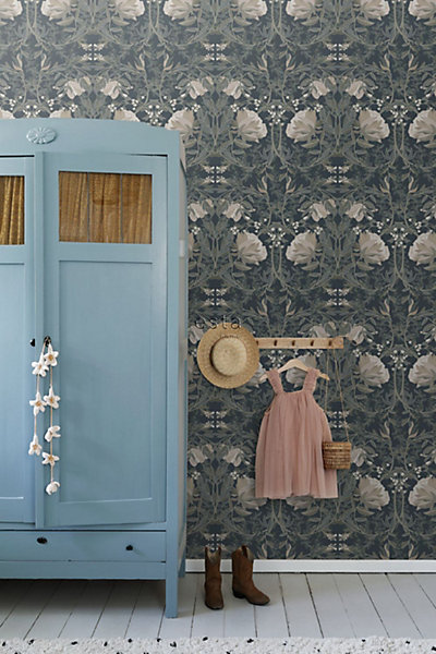 ESTAhome papier peint fleurs vintage de style art nouveau bleu foncé 53 cm x 10.05 m