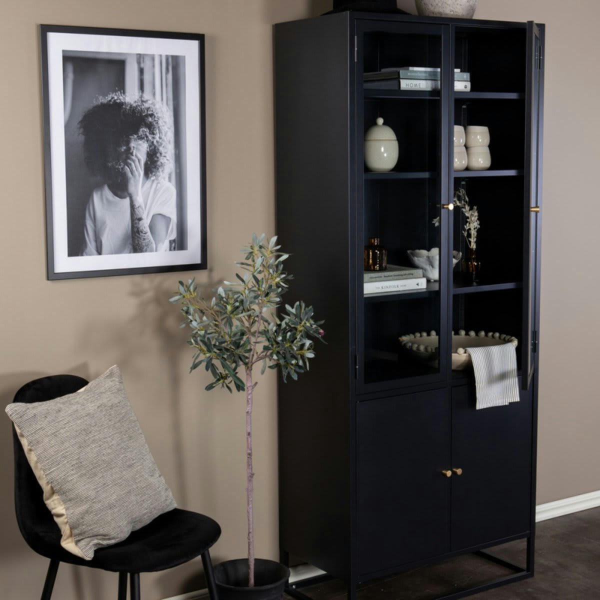 RIRI - Buffet haut vitré moderne 4 portes en métal 190cm noir