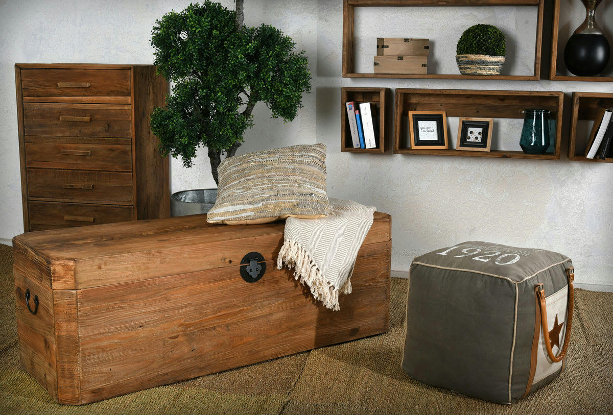 - Pouf en coton et cuir vintage