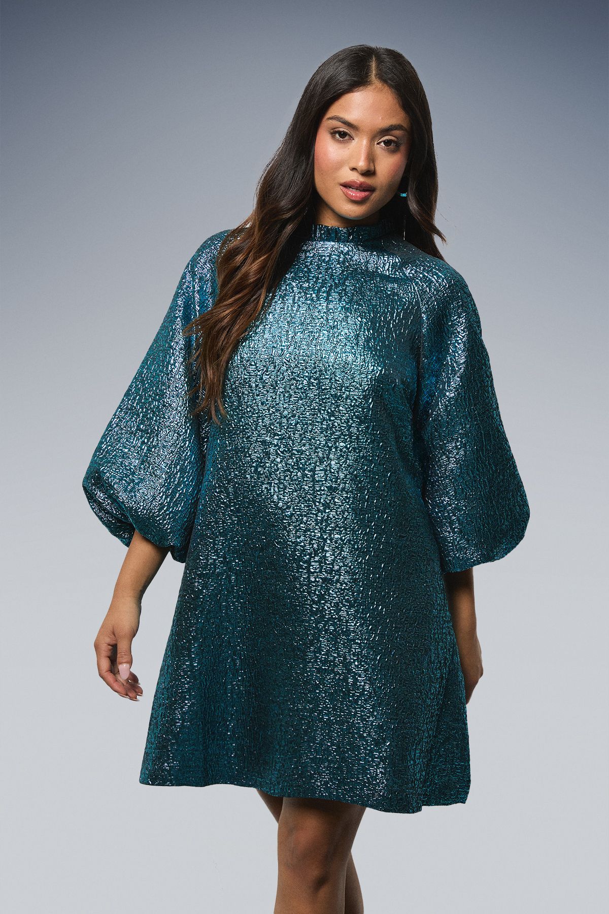 Dorothy Perkins Petite DP Luxe Metallic Jacquard Blouson Sleeve Mini Dress