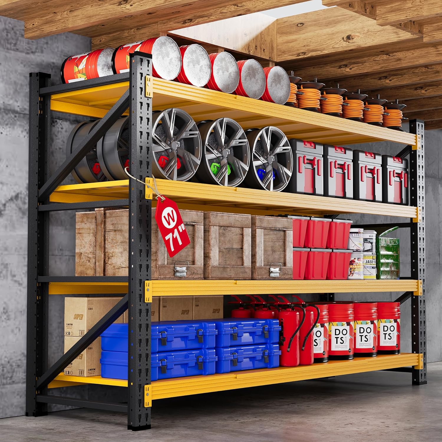 71”W Garage Shelving Units, 5000LBS Storage Shelves Heavy Duty, 24 Deep Metal Shelving Rack, 4 Tier Large Tall Industrial Shelving , Adjustable Standing Shelf for Warehouse / Shop 71W x 24D x 70H