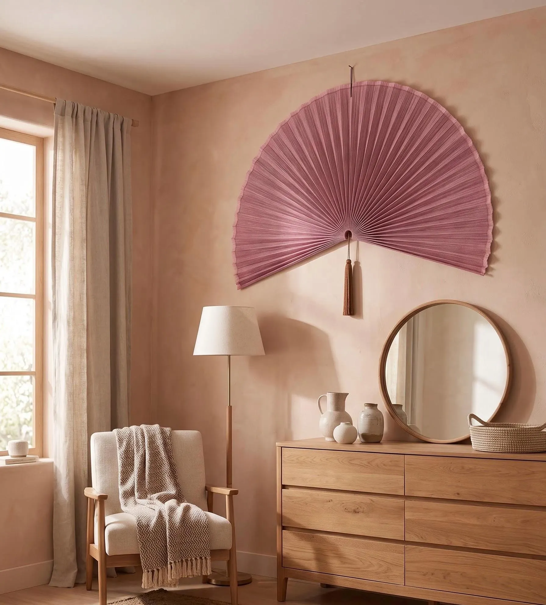 Dusty Rose Boho Wall Fan, Large Fan Wall Decor Above Bed, Boho Headboard Decor Bedroom, Aesthetic Room Decor, Housewarming Gift for Her