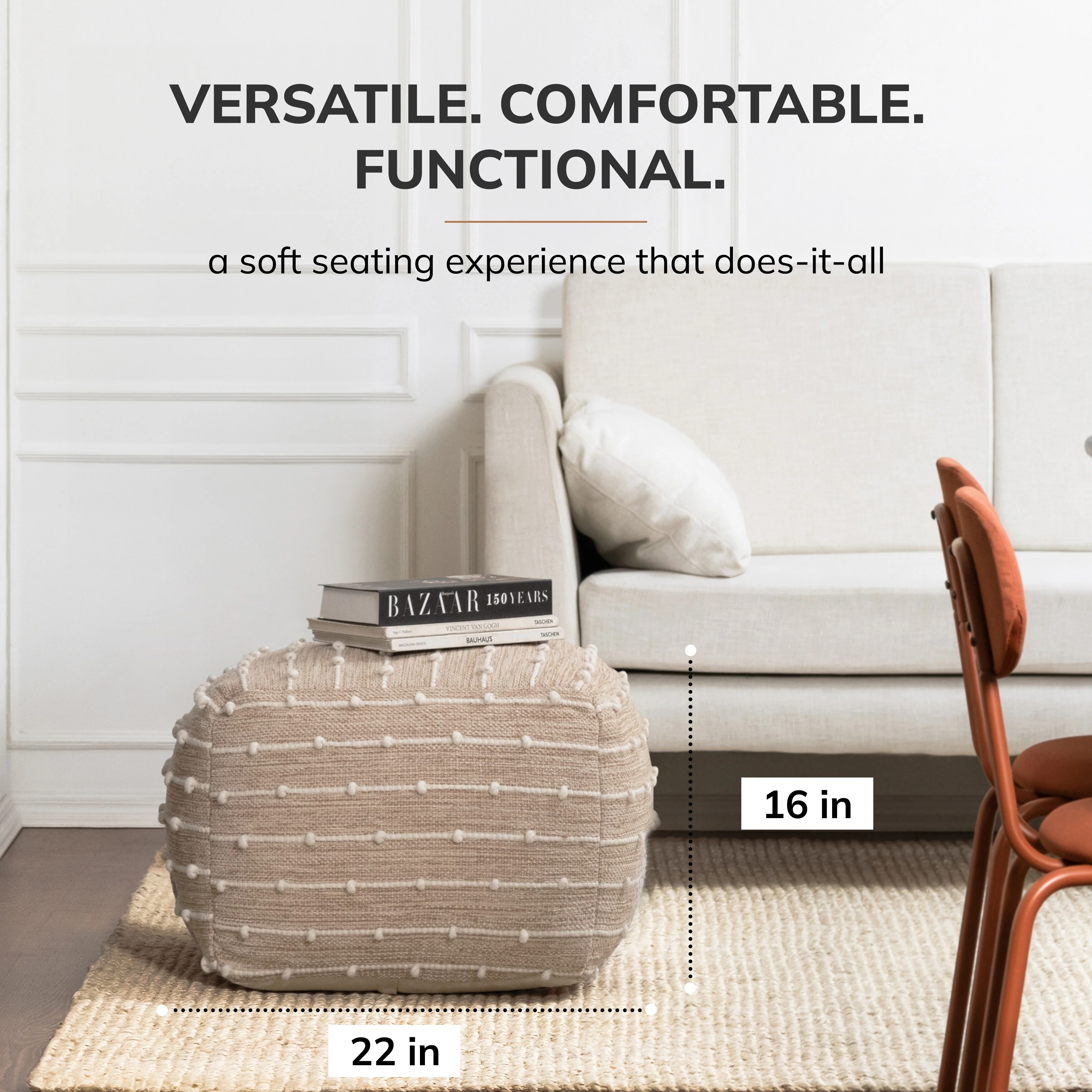 Jani Penelope 22 x 22 x 16 Brown & Ivory Square Pouf Ottoman - Handmade Footrest for Living Room, Bedroom