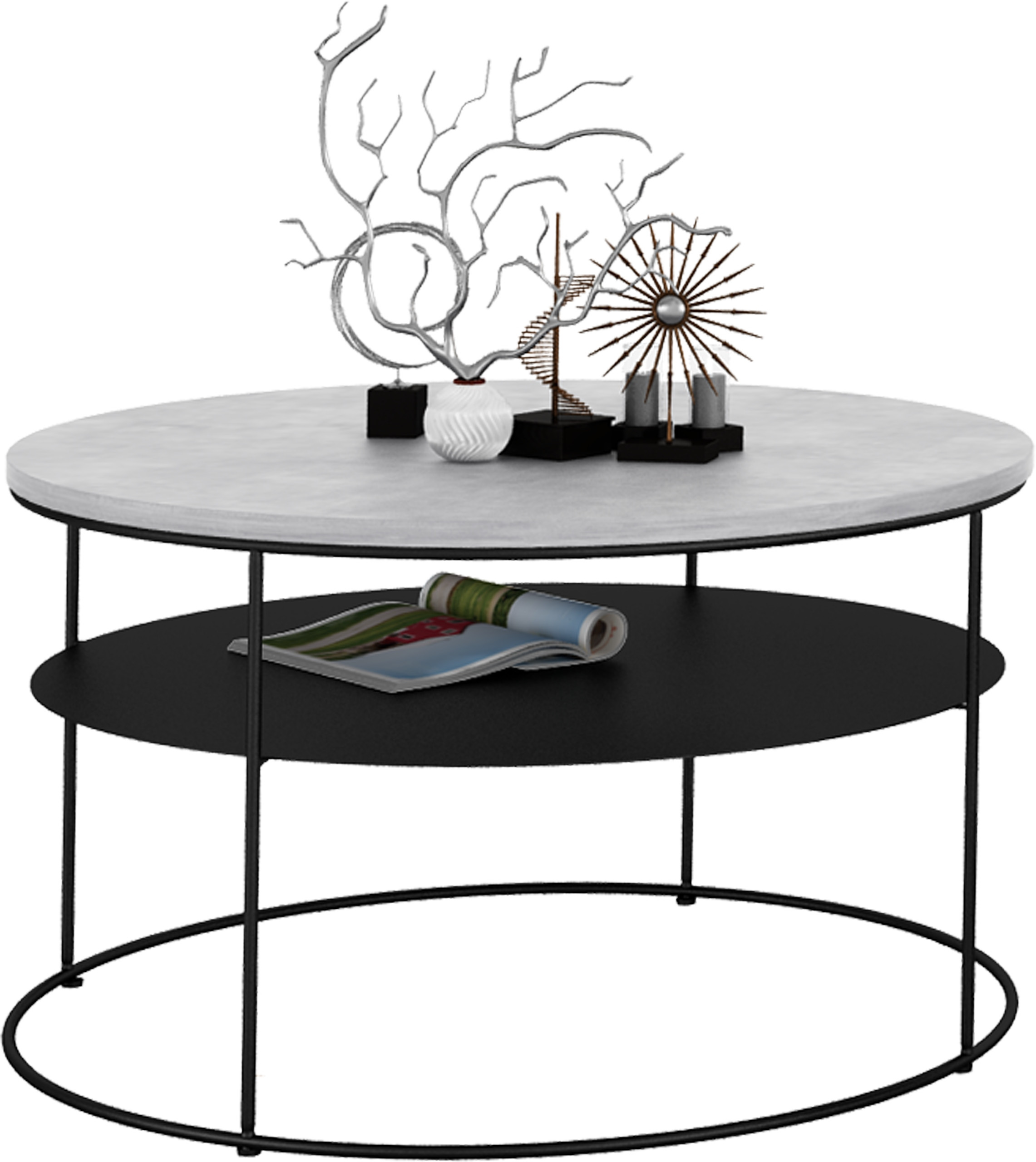 Okrągły Stolik Kawowy z Półką Salon Loft Metal 75x75x43 Czarny Beton Jasny