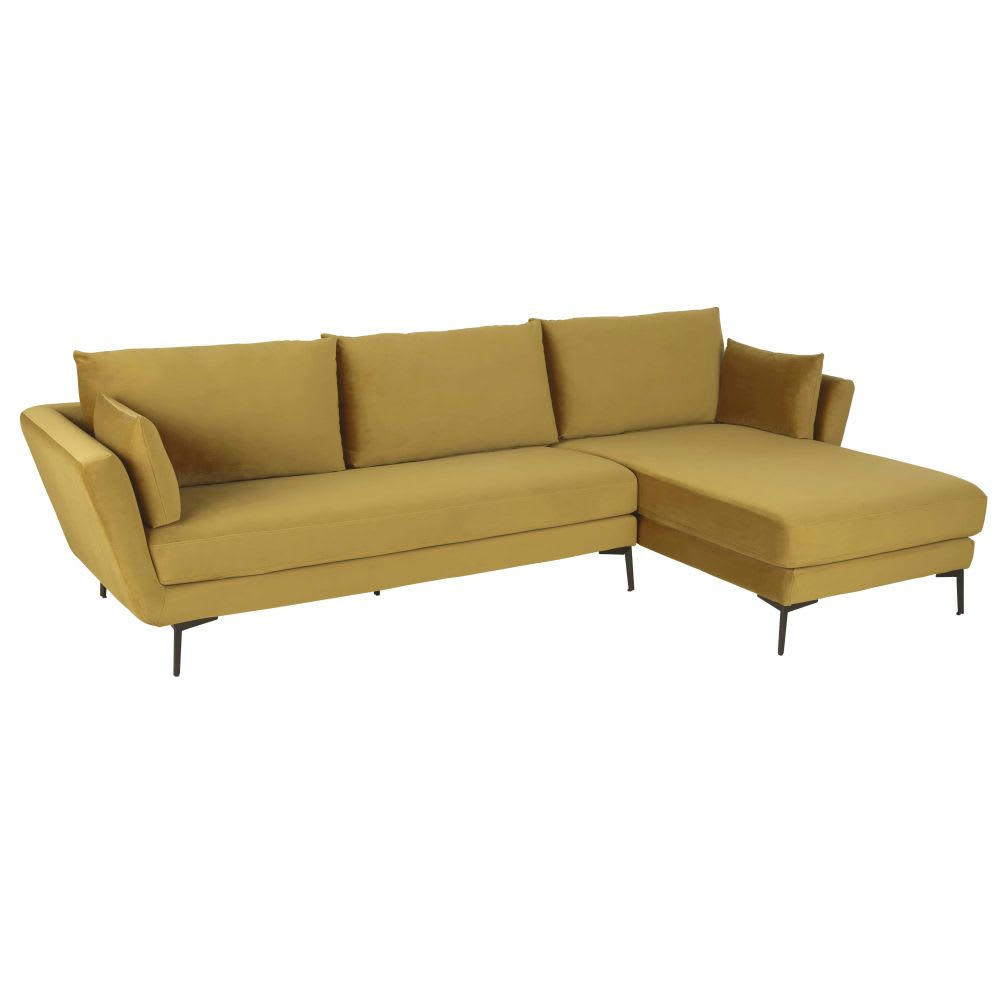 Prague - Canapé d'angle droit 4/5 places en velours jaune moutarde